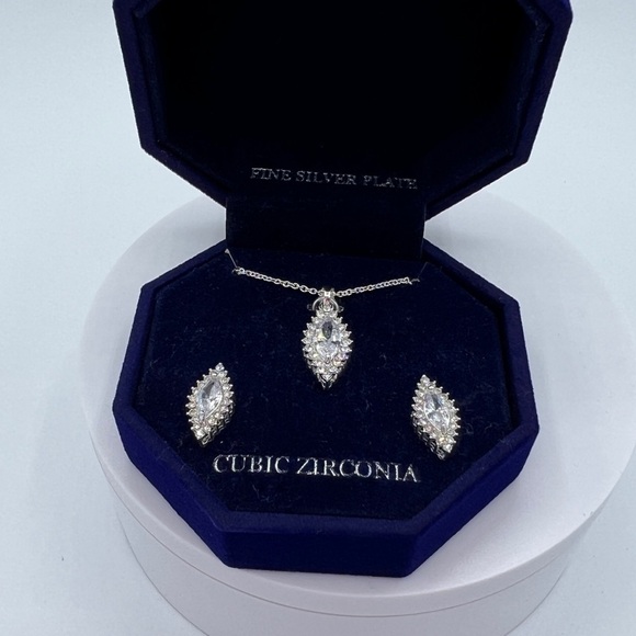 Cubic Zirconia Navette Pendant Necklace & Drop Earrings Set in Fine Silver Plate - Picture 4 of 7